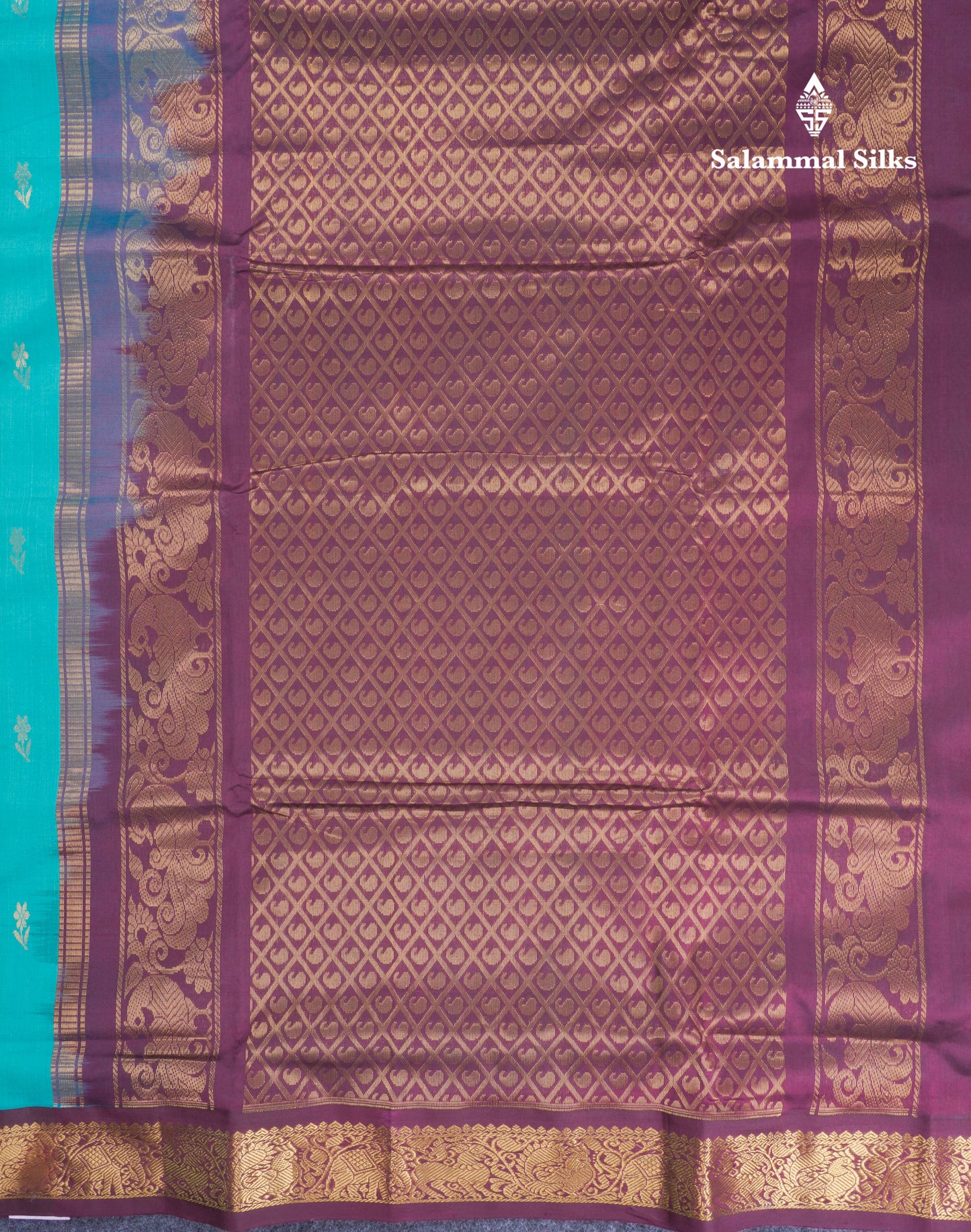 Sapphire Green 9.5 Yards Semi Silk Cotton Saree With Contrast Dark Brown Traditional Border