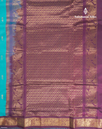 Sapphire Green 9.5 Yards Semi Silk Cotton Saree With Contrast Dark Brown Traditional Border