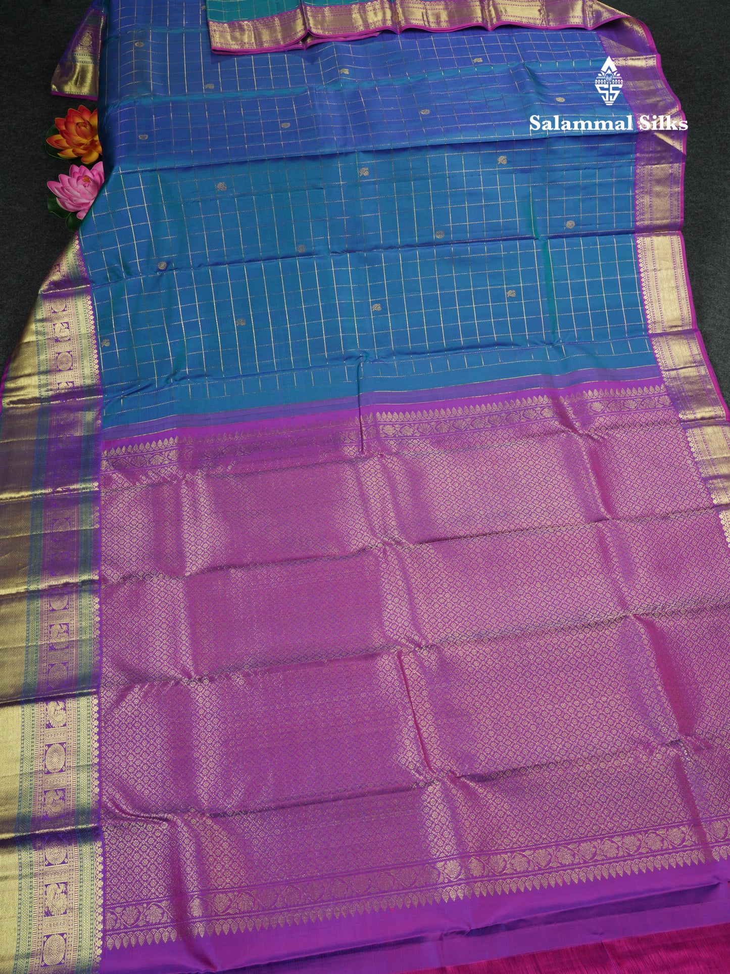 Kanjivaram Peacock Blue Checks  Pure Silk Saree With Violet Border
