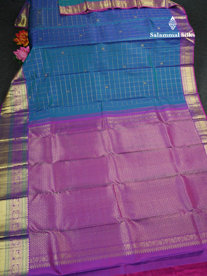 Kanjivaram Peacock Blue Checks  Pure Silk Saree With Violet Border