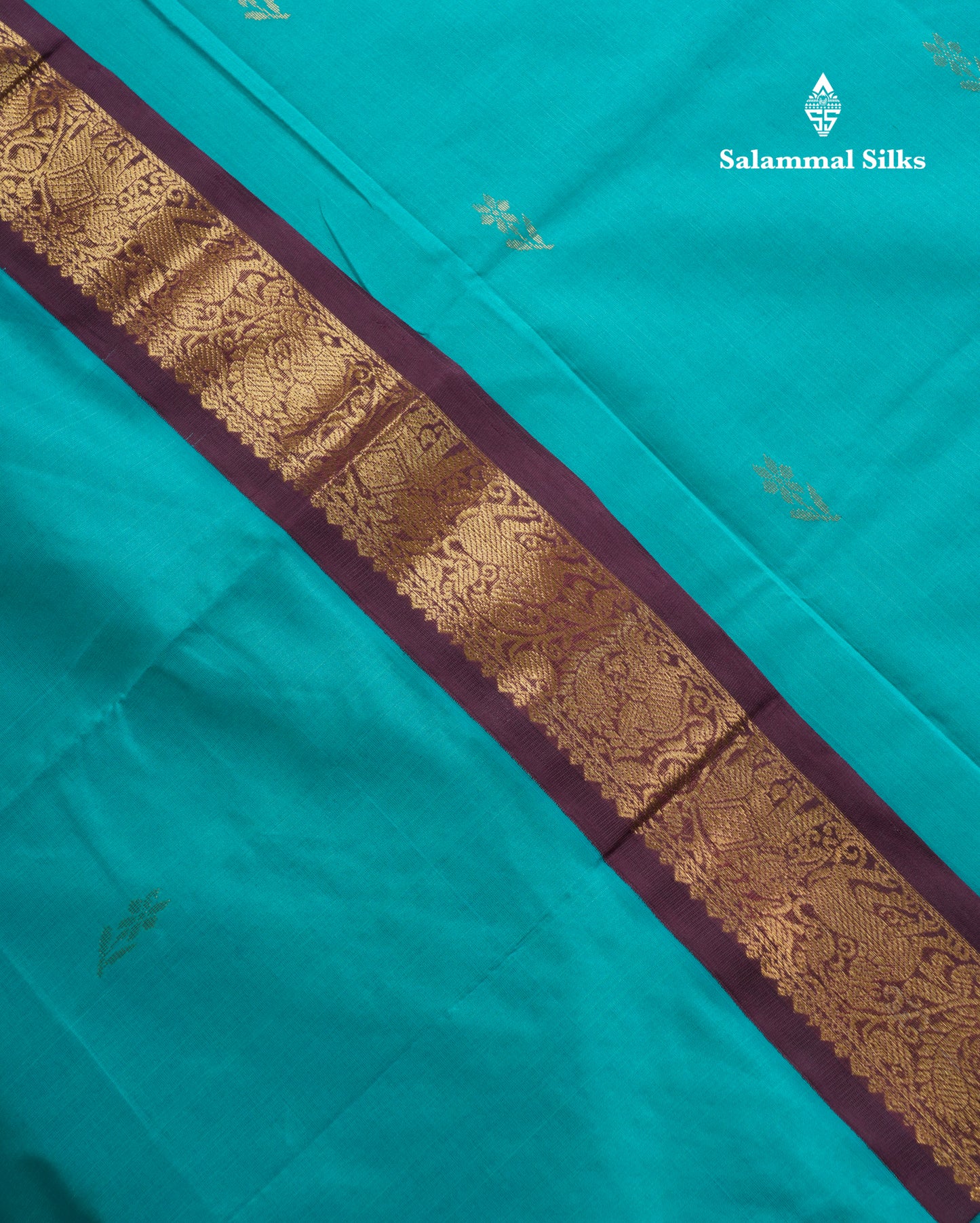 Sapphire Green 9.5 Yards Semi Silk Cotton Saree With Contrast Dark Brown Traditional Border