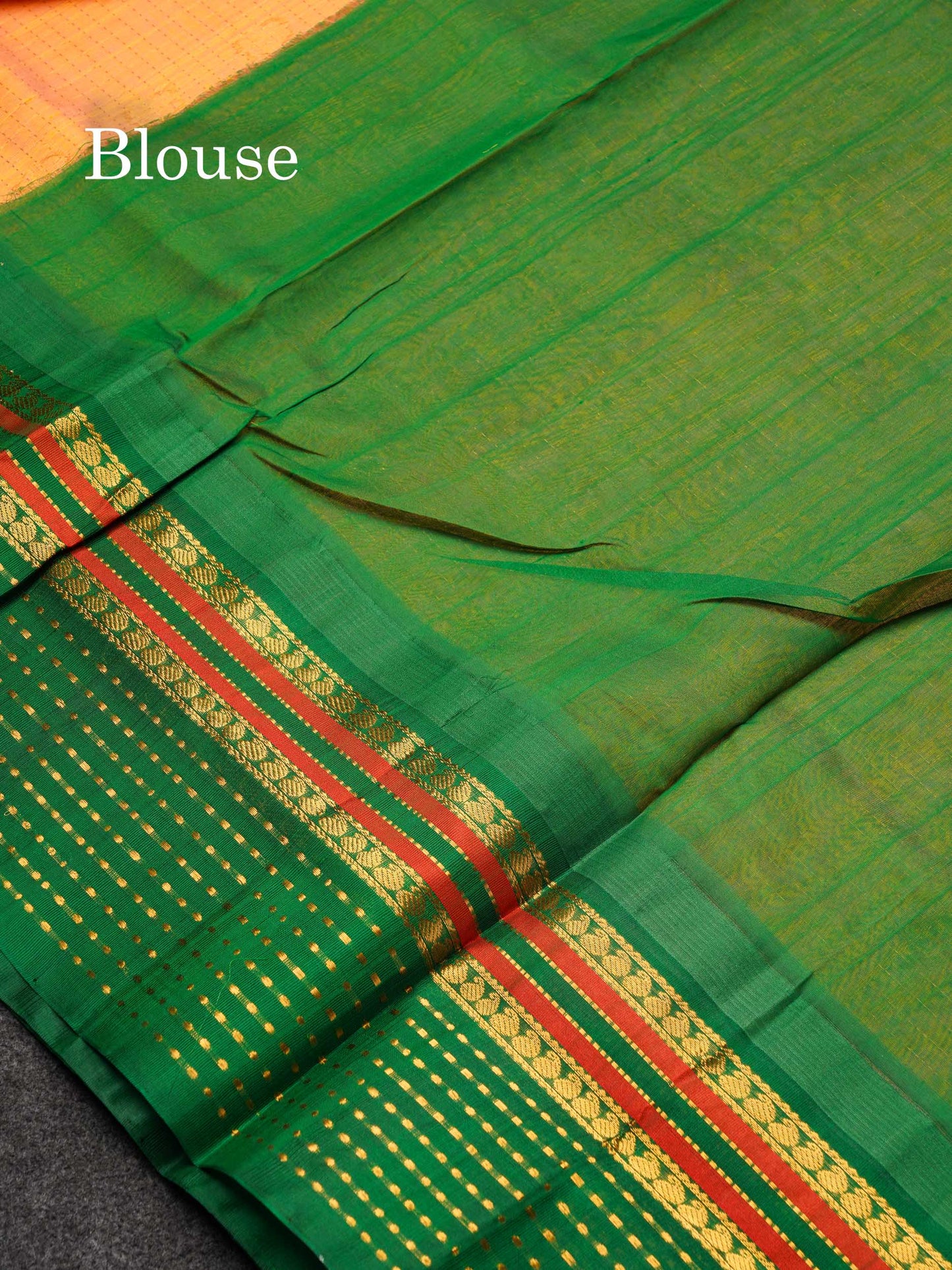 Beautiful Dual Tone Peach Zari Checks With Butta Pure Silk Cotton Saree With Contrast Green Traditional Evening Morning Border