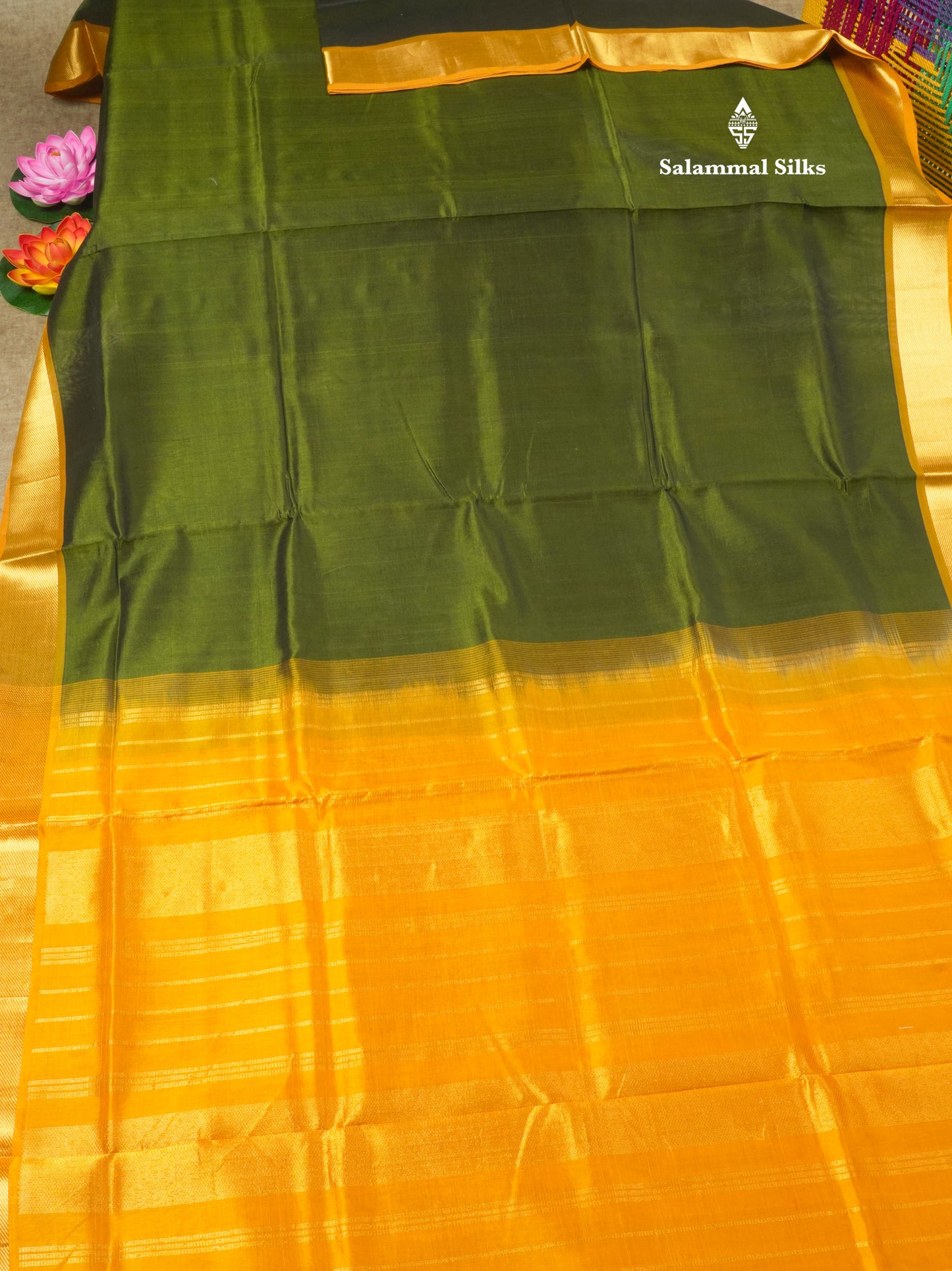 Army Green Plain Pure Silk Cotton Saree With Contrast Mustard Yellow Border