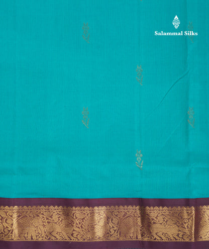 Sapphire Green 9.5 Yards Semi Silk Cotton Saree With Contrast Dark Brown Traditional Border