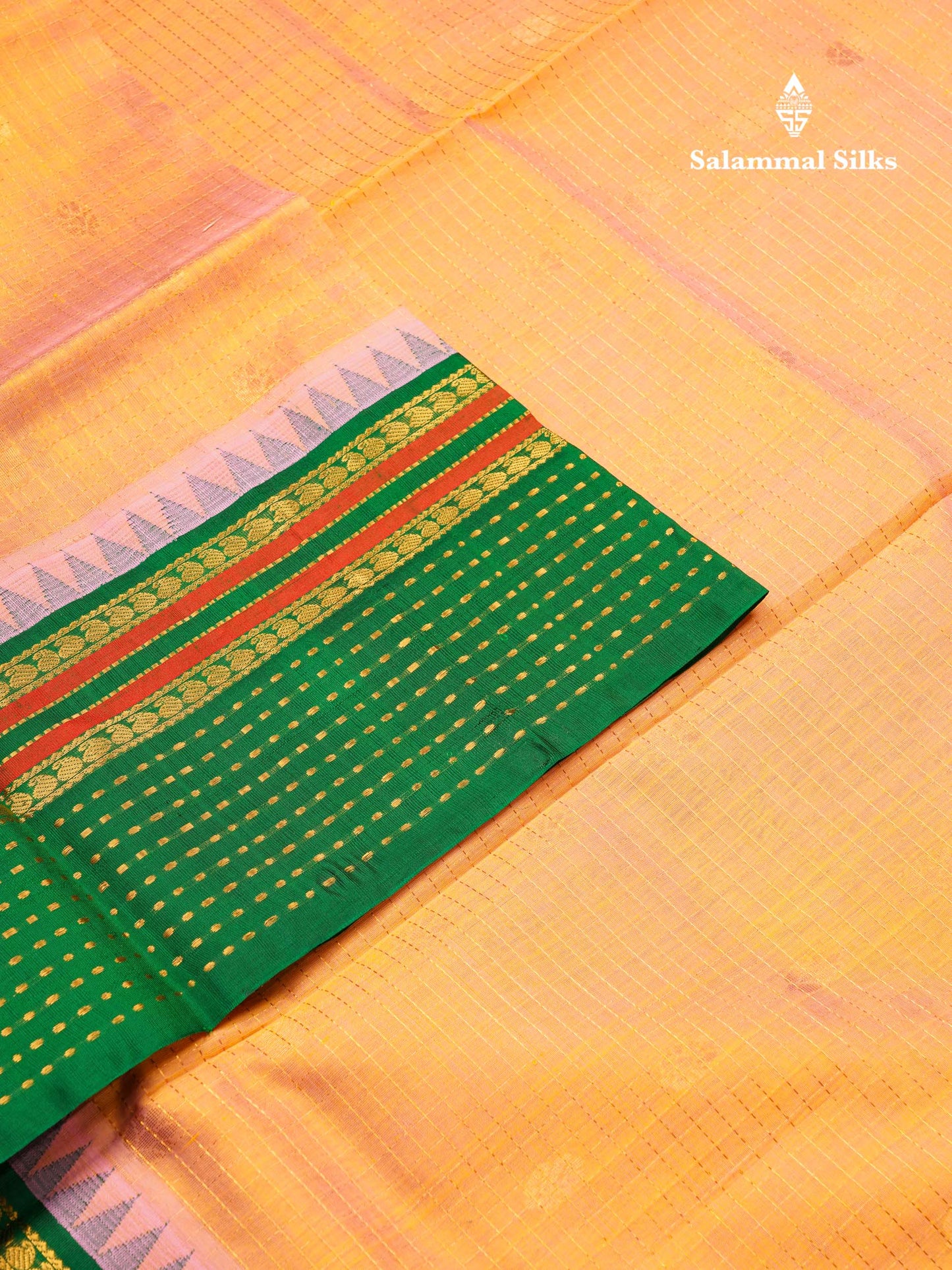 Beautiful Dual Tone Peach Zari Checks With Butta Pure Silk Cotton Saree With Contrast Green Traditional Evening Morning Border