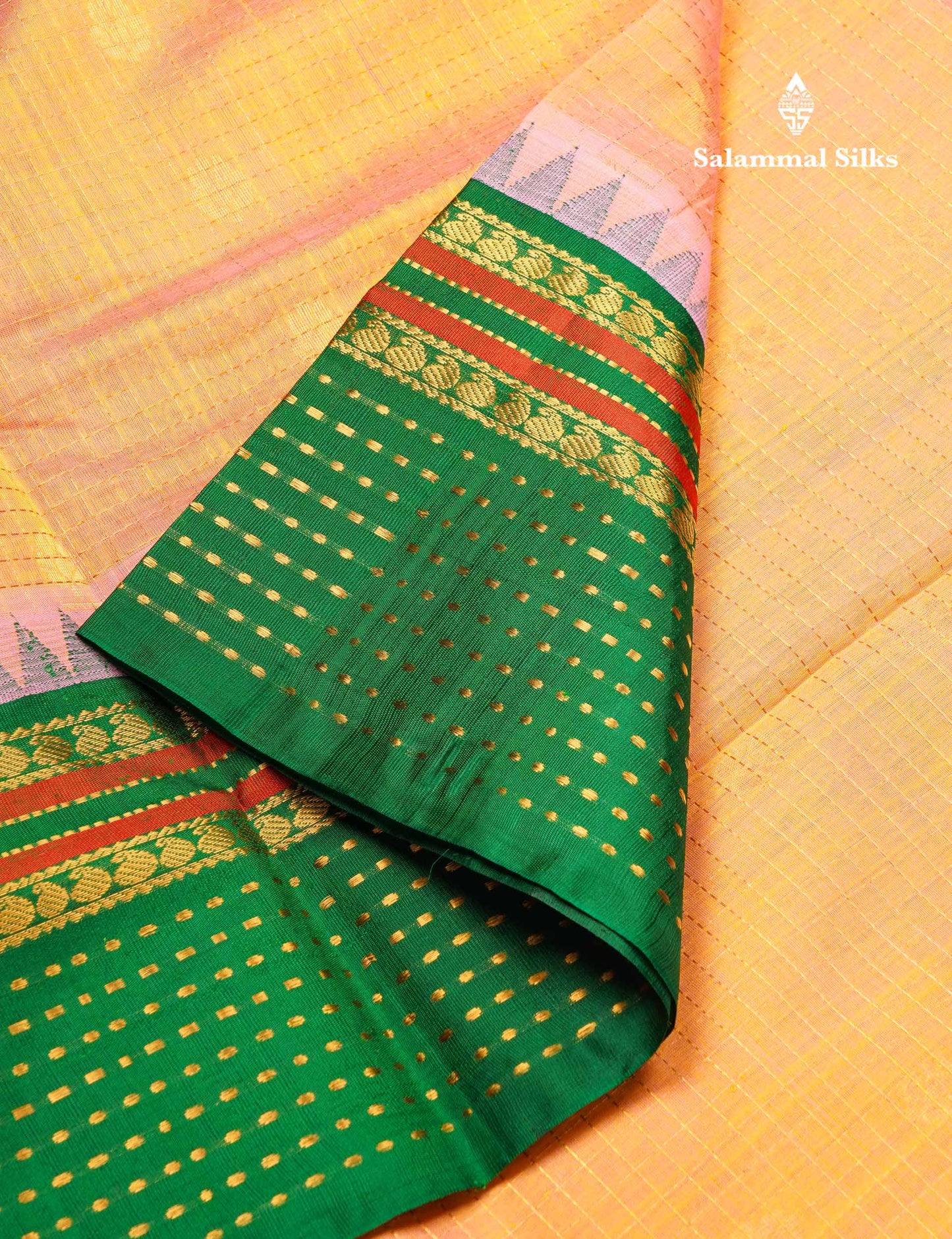 Beautiful Dual Tone Peach Zari Checks With Butta Pure Silk Cotton Saree With Contrast Green Traditional Evening Morning Border