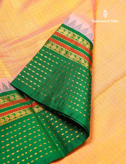 Beautiful Dual Tone Peach Zari Checks With Butta Pure Silk Cotton Saree With Contrast Green Traditional Evening Morning Border