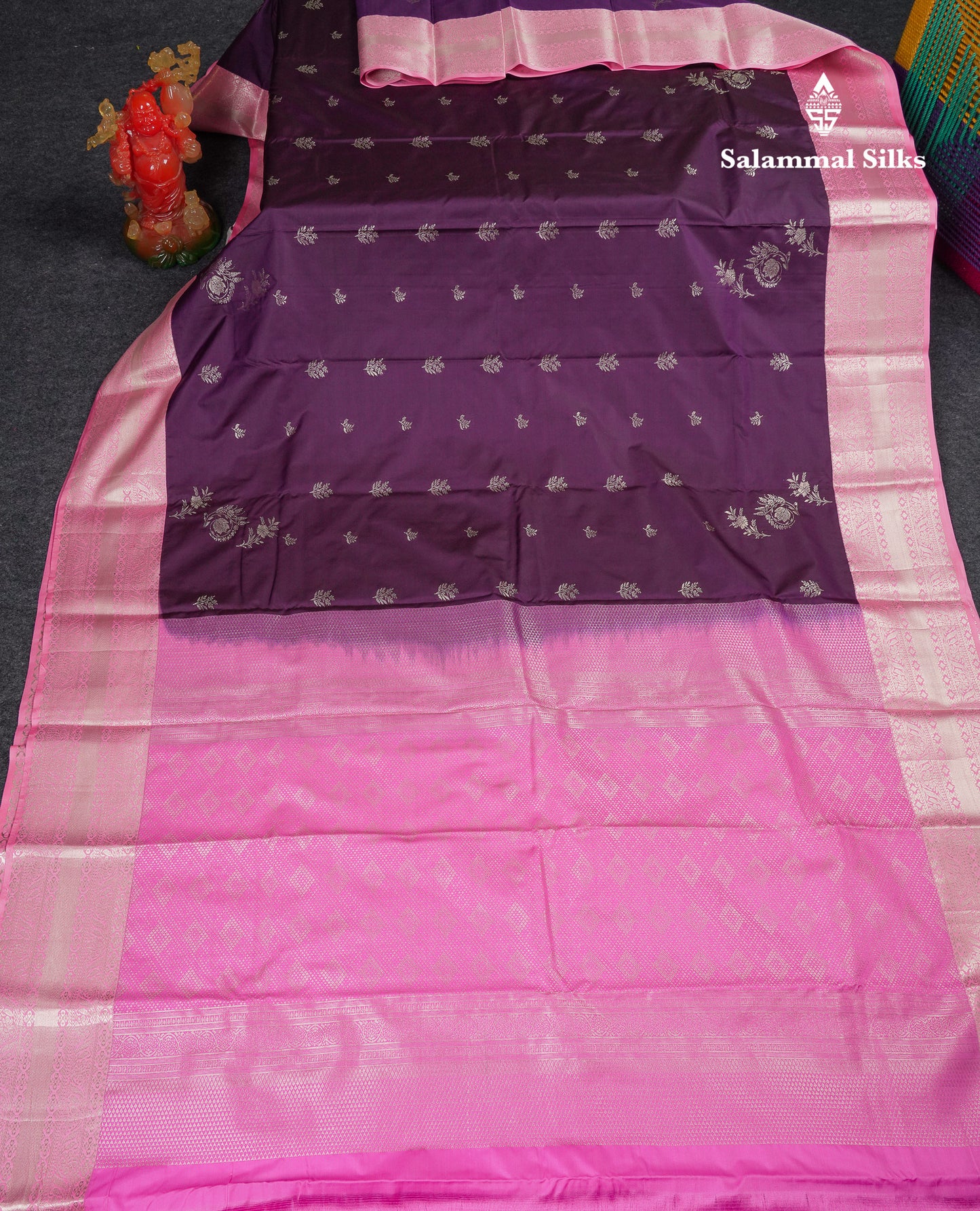 Beautiful Violet Semi Silk Saree With Contrast Baby Pink Traditional Border