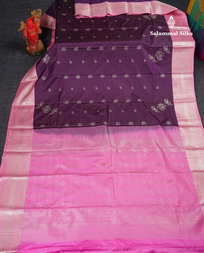 Beautiful Violet Semi Silk Saree With Contrast Baby Pink Traditional Border
