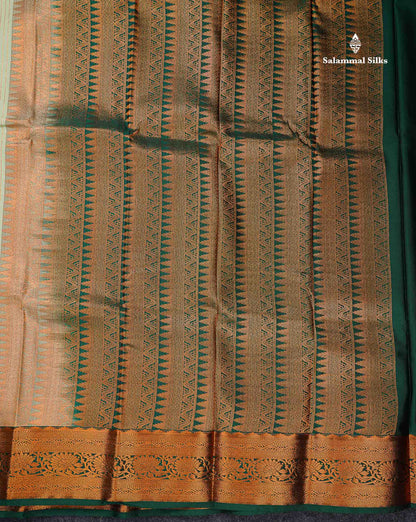 Beautiful Light Elaichi Green Zari Lines With Butta Semi Silk Saree With Contrast Bottle Green Traditional Border