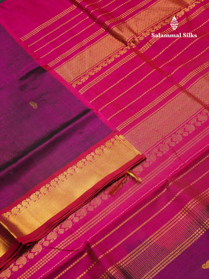 Beautiful Dark Purple Zari Buttas Handloom Pure Silk Cotton Saree With Vadamalli Traditional Border