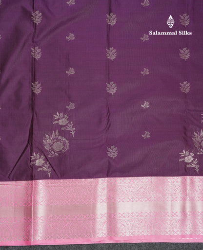 Beautiful Violet Semi Silk Saree With Contrast Baby Pink Traditional Border