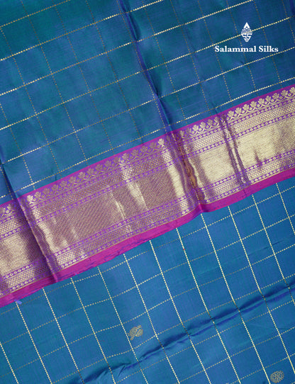 Kanjivaram Peacock Blue Checks  Pure Silk Saree With Violet Border