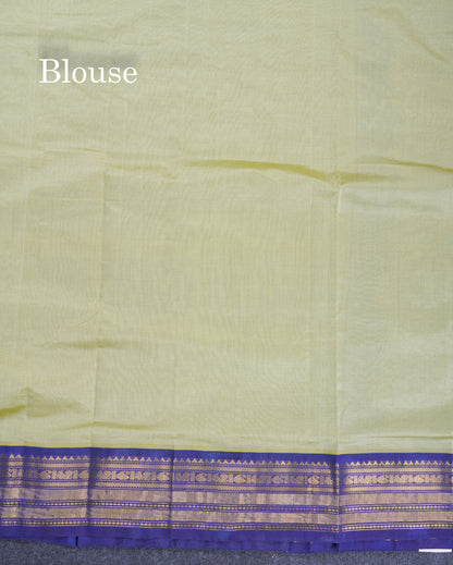 Pista Green Plain 10 Yards Semi Silk Cotton Saree With Contrast Navy Blue Traditional Border