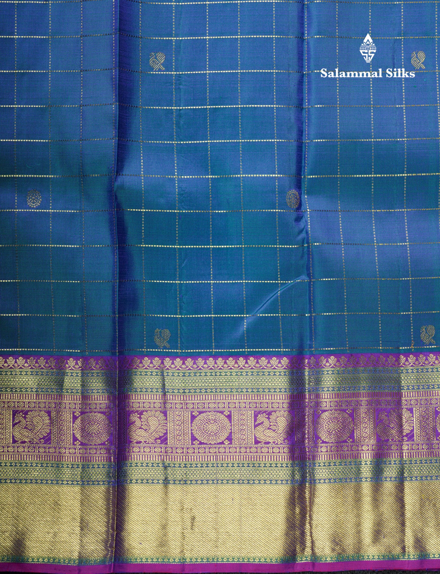 Kanjivaram Peacock Blue Checks  Pure Silk Saree With Violet Border