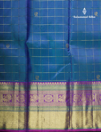 Kanjivaram Peacock Blue Checks  Pure Silk Saree With Violet Border