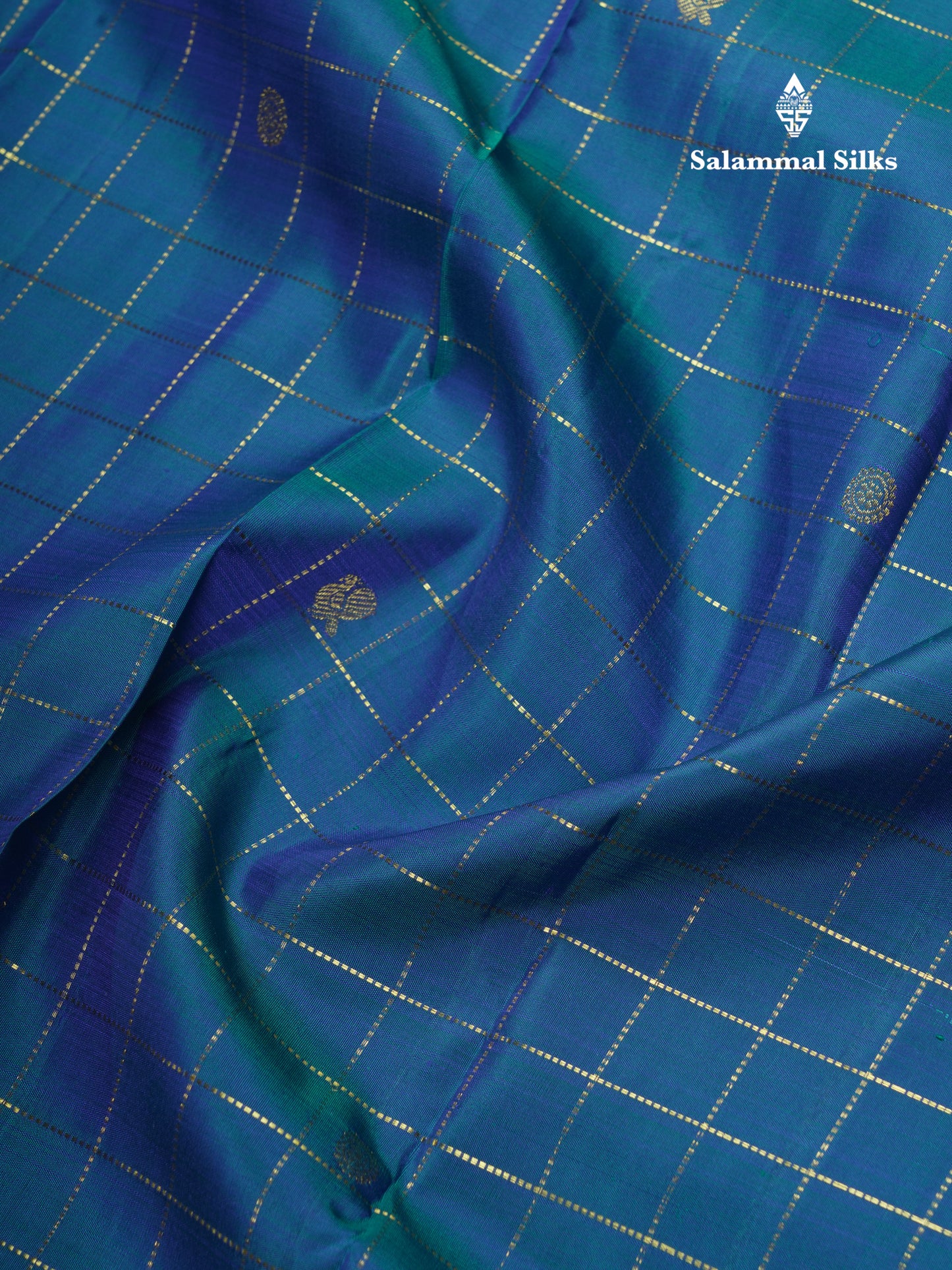 Kanjivaram Peacock Blue Checks  Pure Silk Saree With Violet Border