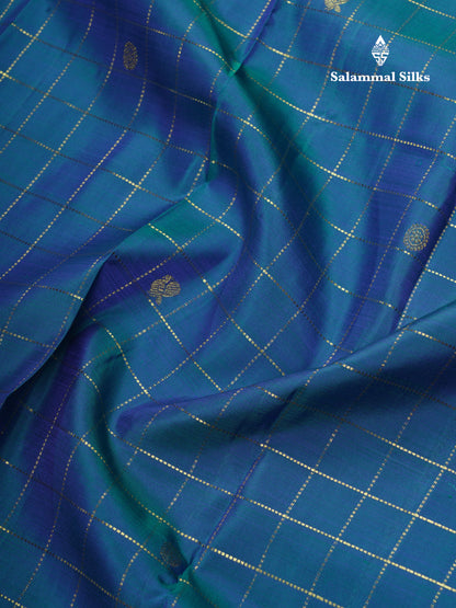 Kanjivaram Peacock Blue Checks  Pure Silk Saree With Violet Border