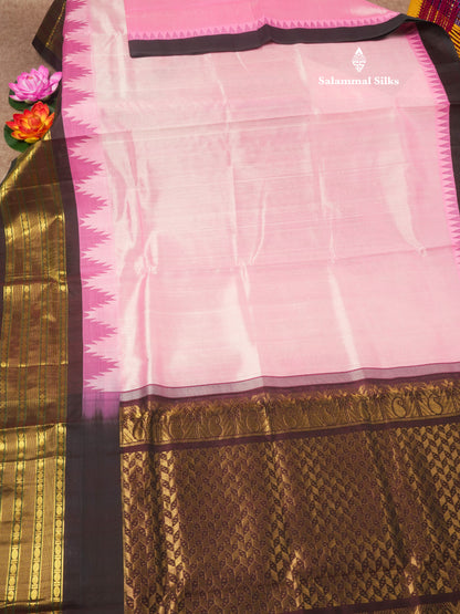 Baby Pink Pure Silk Cotton Saree With Contrast Dark Brown Traditional Temple Border