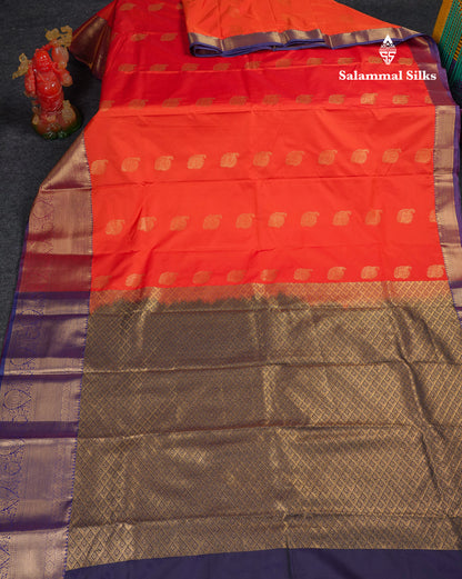 Beautiful Orange Semi Silk Saree With Contrast Navy Blue Traditional Evening Morning Border