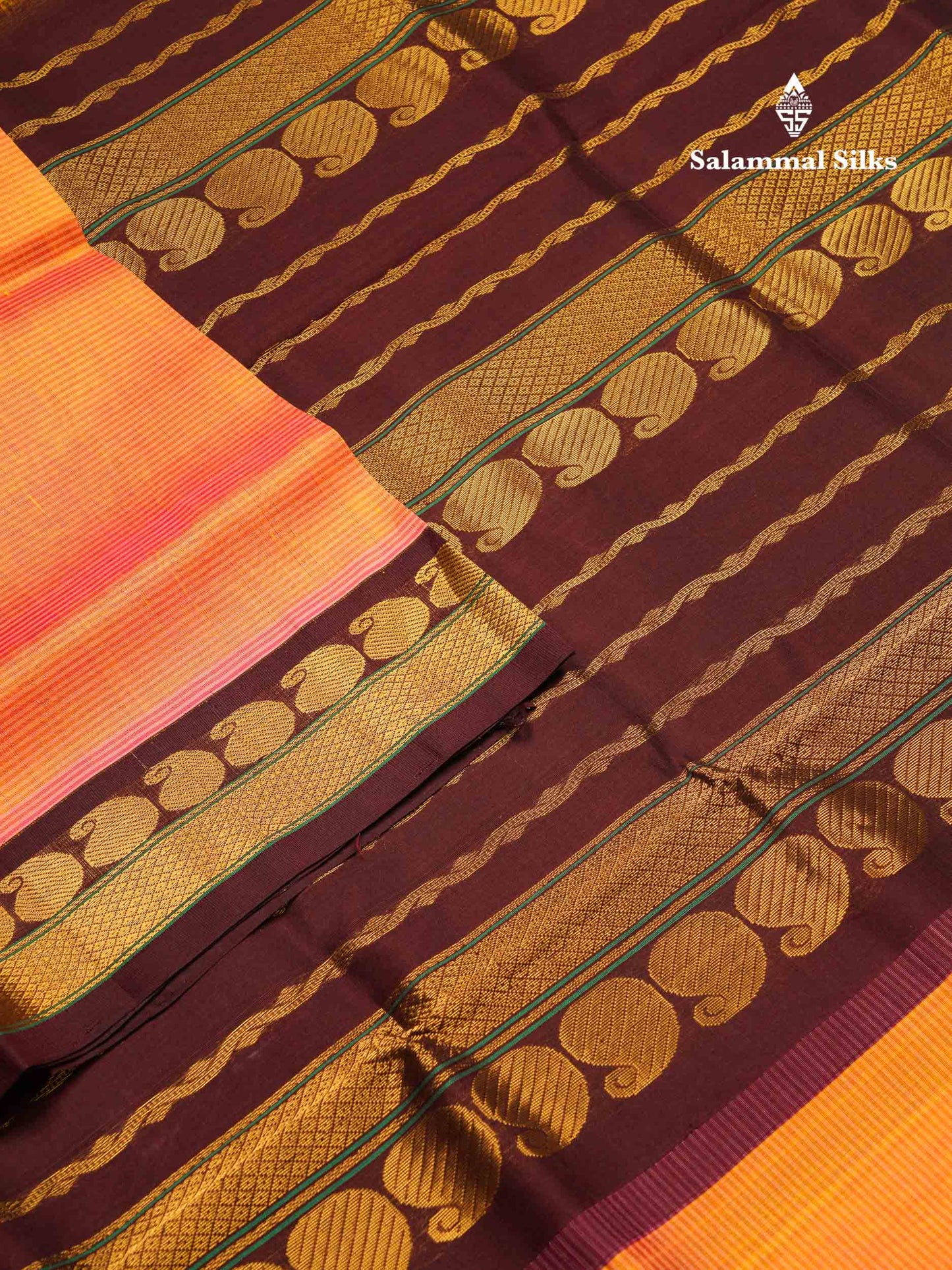 Beautiful Dual Tone Peach Pure Silk Cotton Saree With Contrast Dark Brown Traditional Border