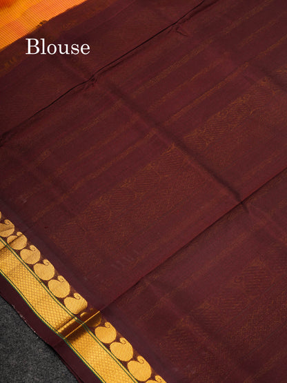 Beautiful Dual Tone Peach Pure Silk Cotton Saree With Contrast Dark Brown Traditional Border