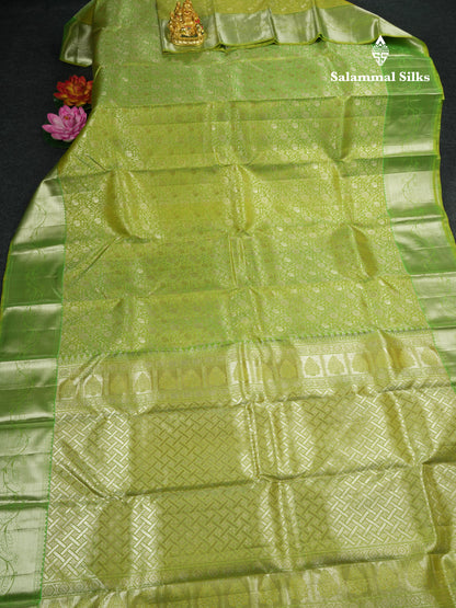 Dual Tone Light Green Bridal Pure Kanjivaram Silk Saree With Contrast Green Border
