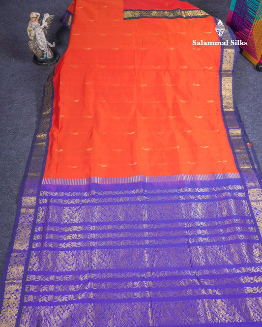 Orange 9.5 Yards Semi Silk Cotton Saree With Contrast Navy Blue Border