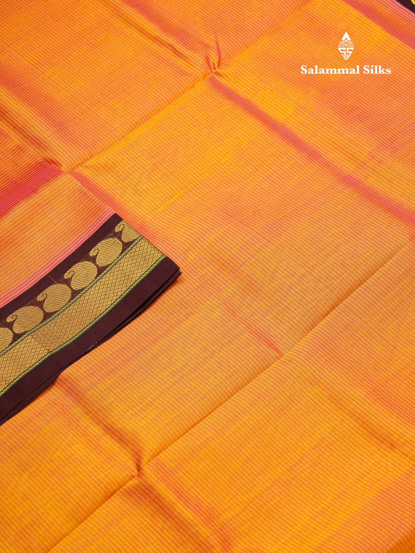 Beautiful Dual Tone Peach Pure Silk Cotton Saree With Contrast Dark Brown Traditional Border