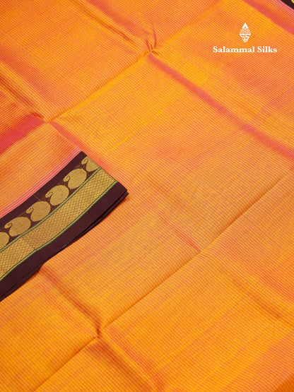 Beautiful Dual Tone Peach Pure Silk Cotton Saree With Contrast Dark Brown Traditional Border