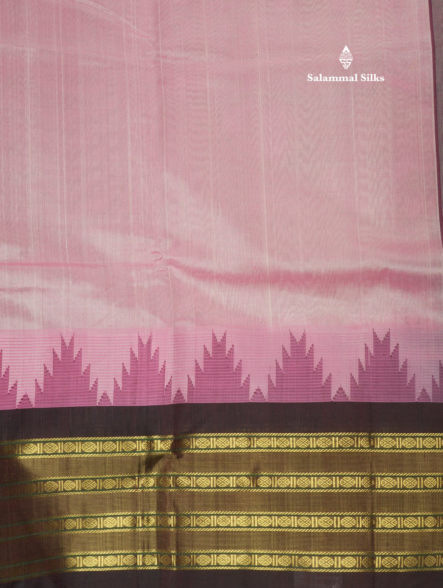 Baby Pink Pure Silk Cotton Saree With Contrast Dark Brown Traditional Temple Border