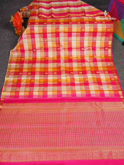 Pure Kanjivaram Silk Saree - Paalum Pazham Checks With Butta & Traditional Small Border 