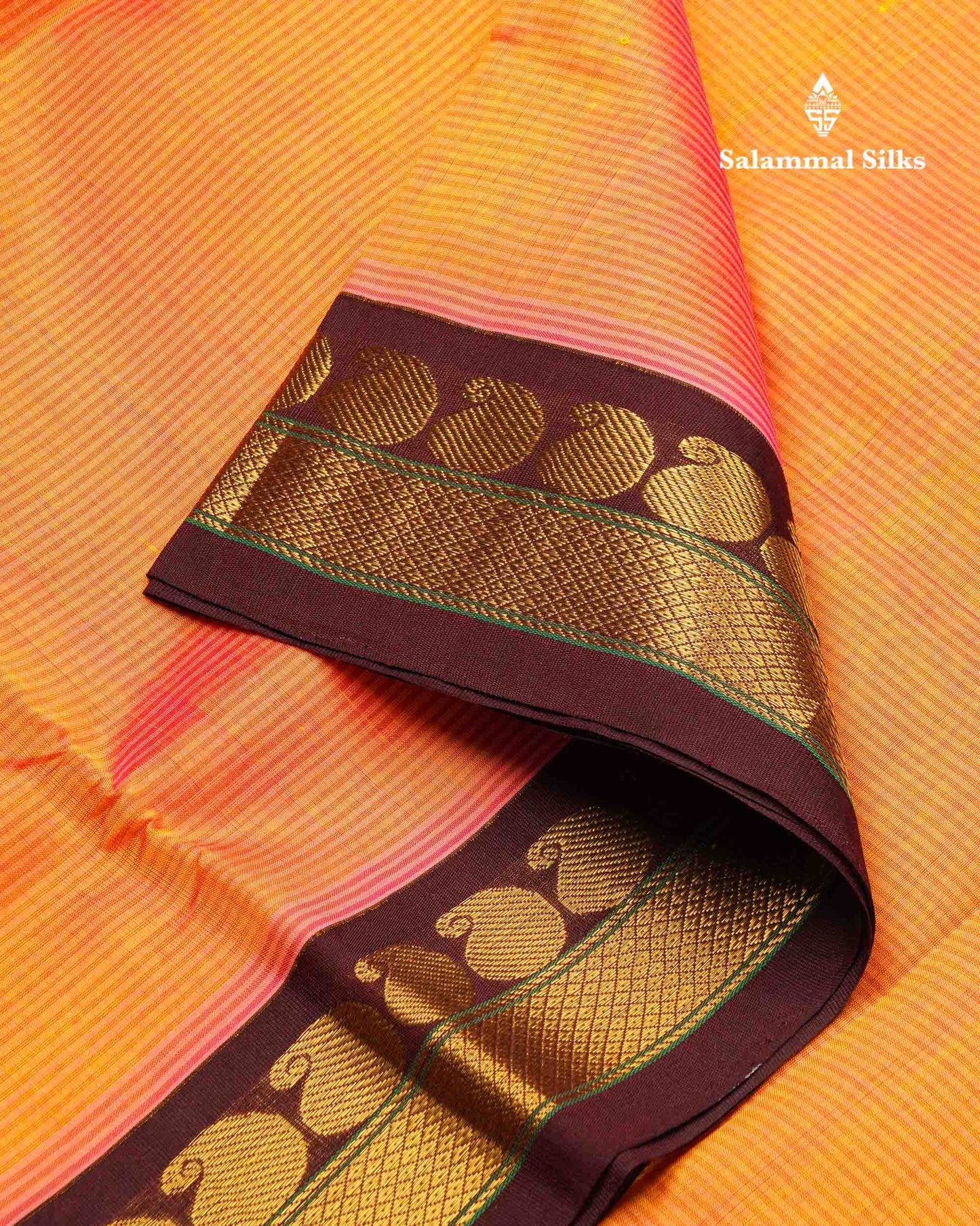 Beautiful Dual Tone Peach Pure Silk Cotton Saree With Contrast Dark Brown Traditional Border