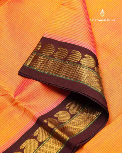 Beautiful Dual Tone Peach Pure Silk Cotton Saree With Contrast Dark Brown Traditional Border