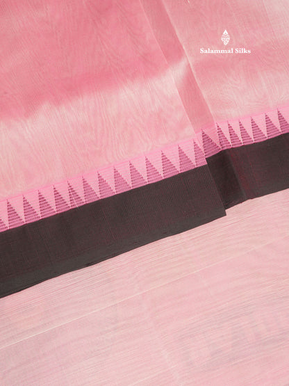 Baby Pink Pure Silk Cotton Saree With Contrast Dark Brown Traditional Temple Border