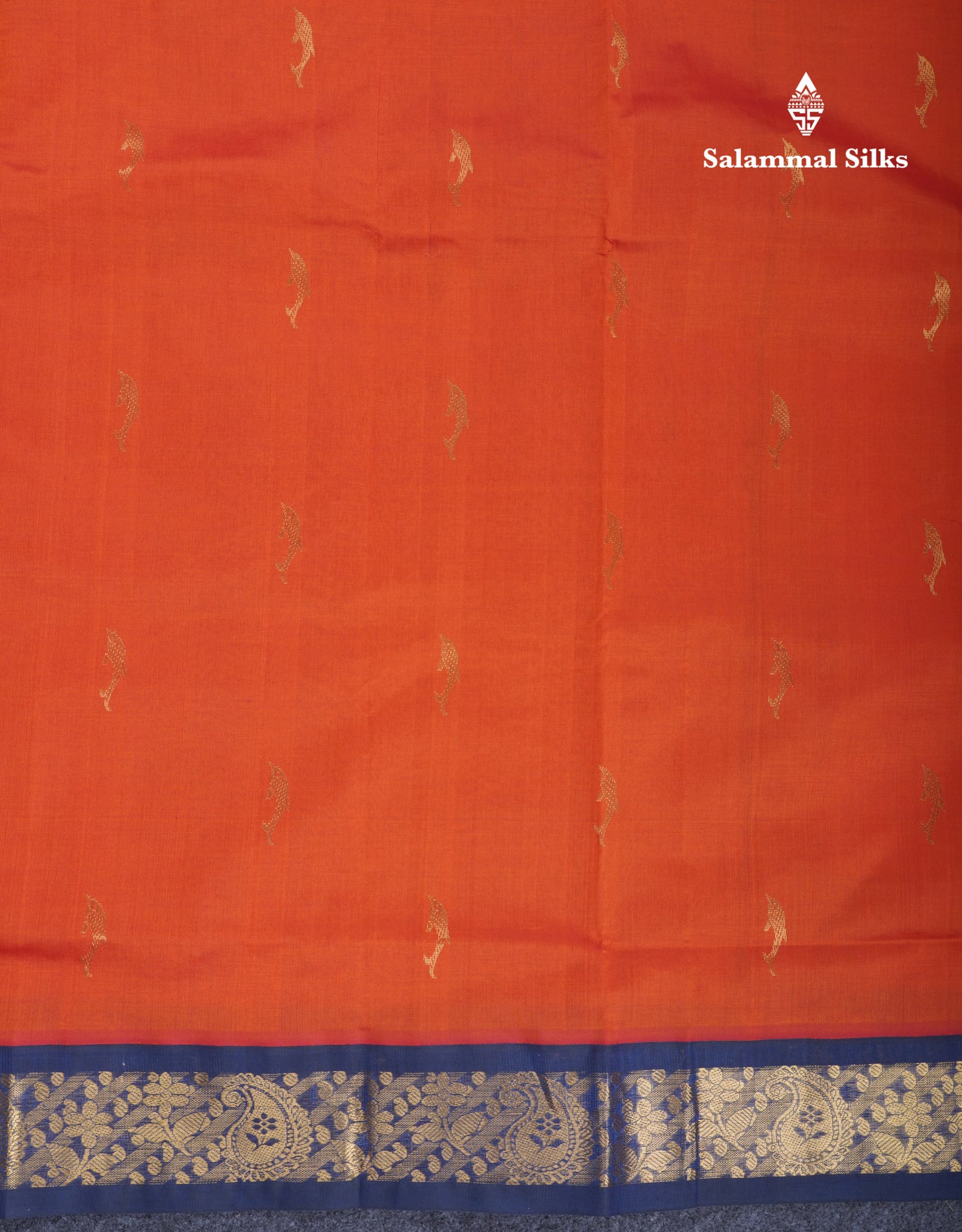 Orange 9.5 Yards Semi Silk Cotton Saree With Contrast Navy Blue Border