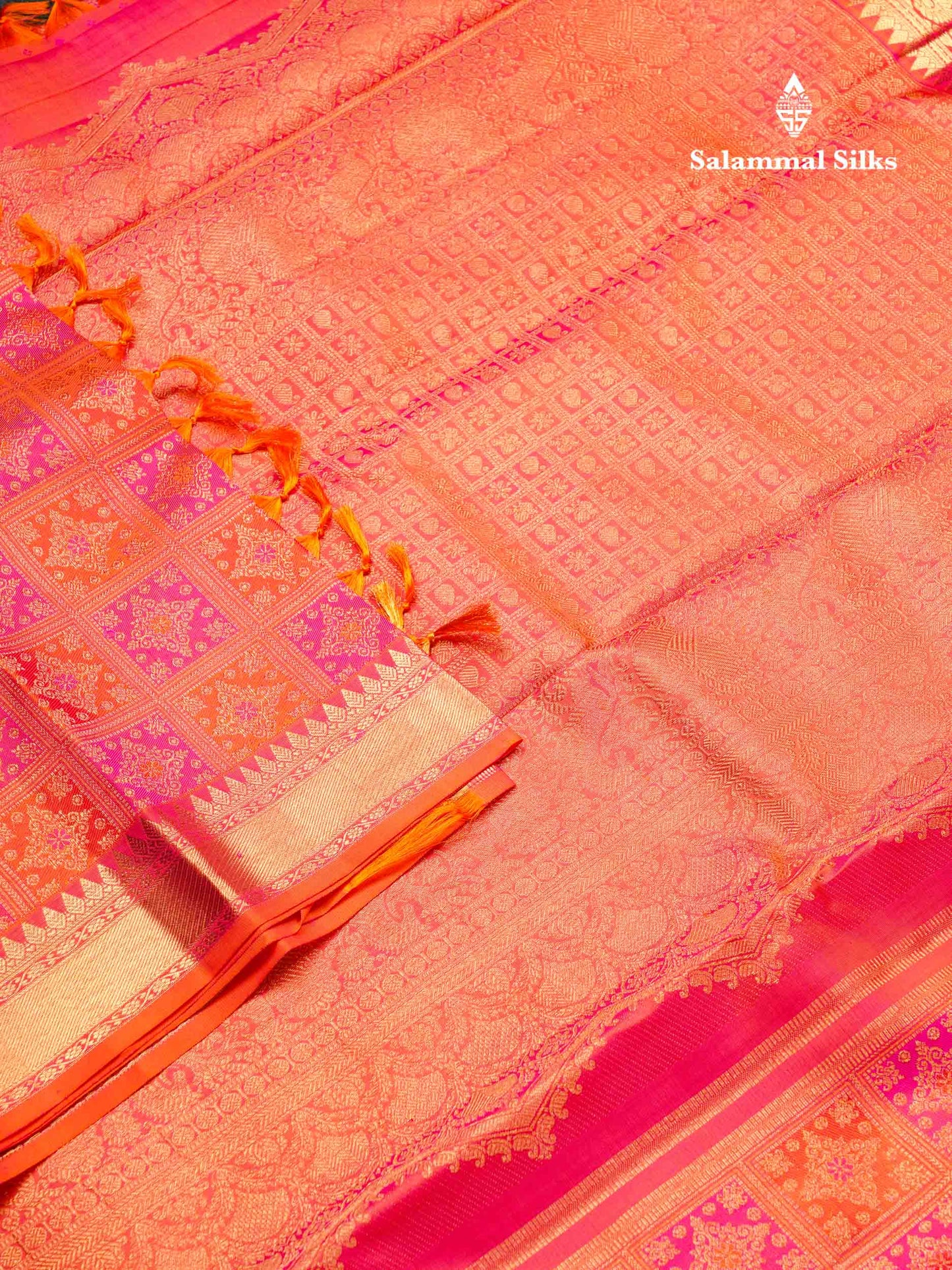 Beautiful Dual Tone Orange Bridal Pure Kanjivaram Silk Saree With Traditional Evening Morning Border