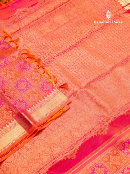 Beautiful Dual Tone Orange Bridal Pure Kanjivaram Silk Saree With Traditional Evening Morning Border