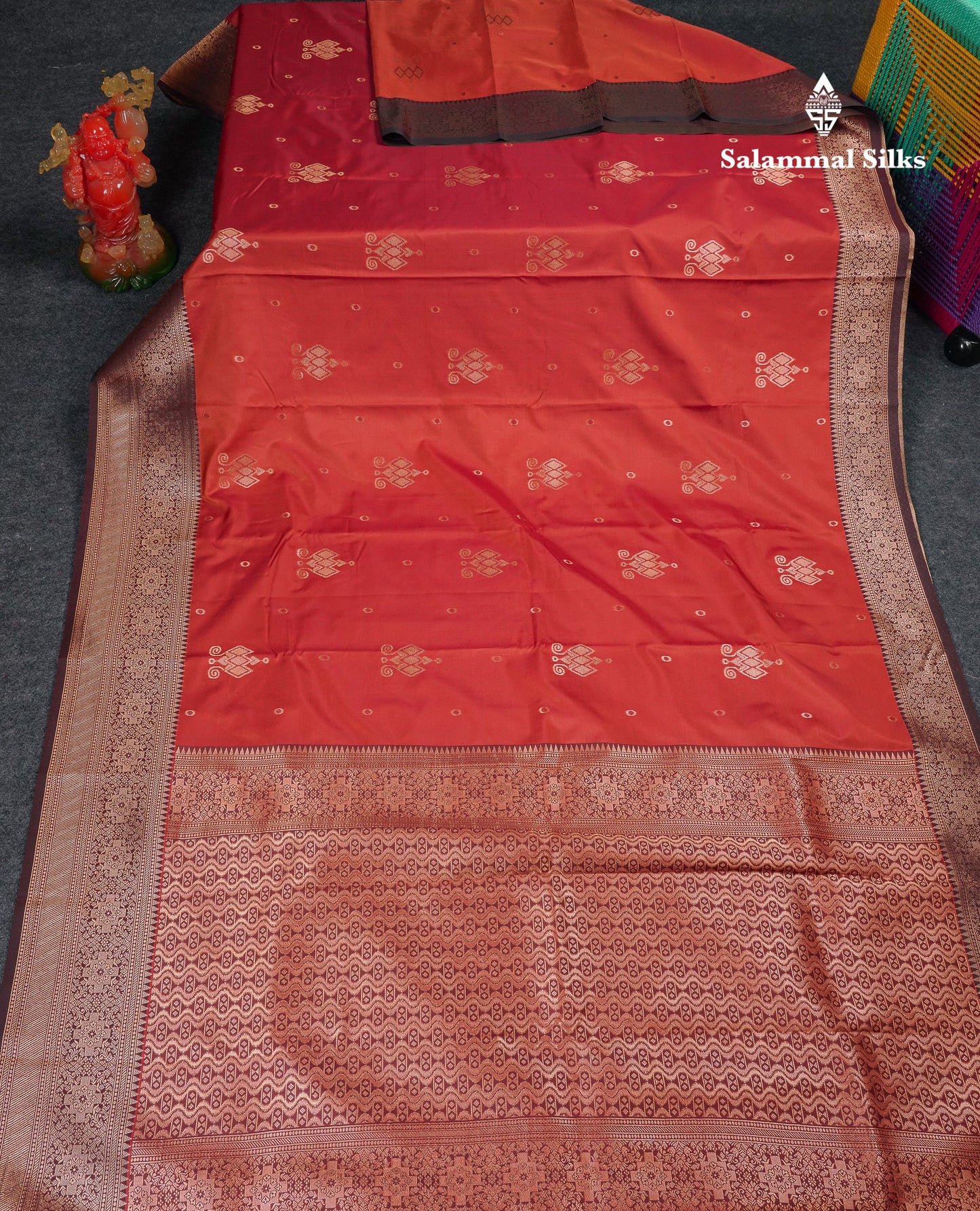 Beautiful Rust Orange Semi Silk Saree With Contrast Dark Brown Traditional Border
