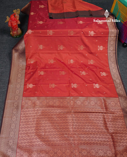 Beautiful Rust Orange Semi Silk Saree With Contrast Dark Brown Traditional Border
