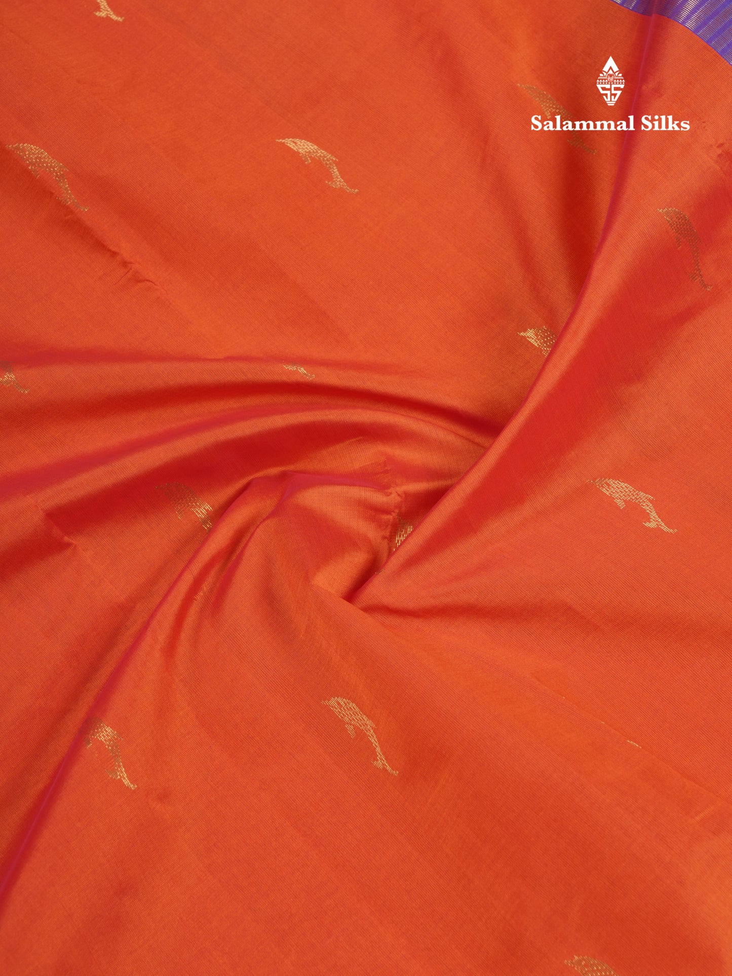 Orange 9.5 Yards Semi Silk Cotton Saree With Contrast Navy Blue Border