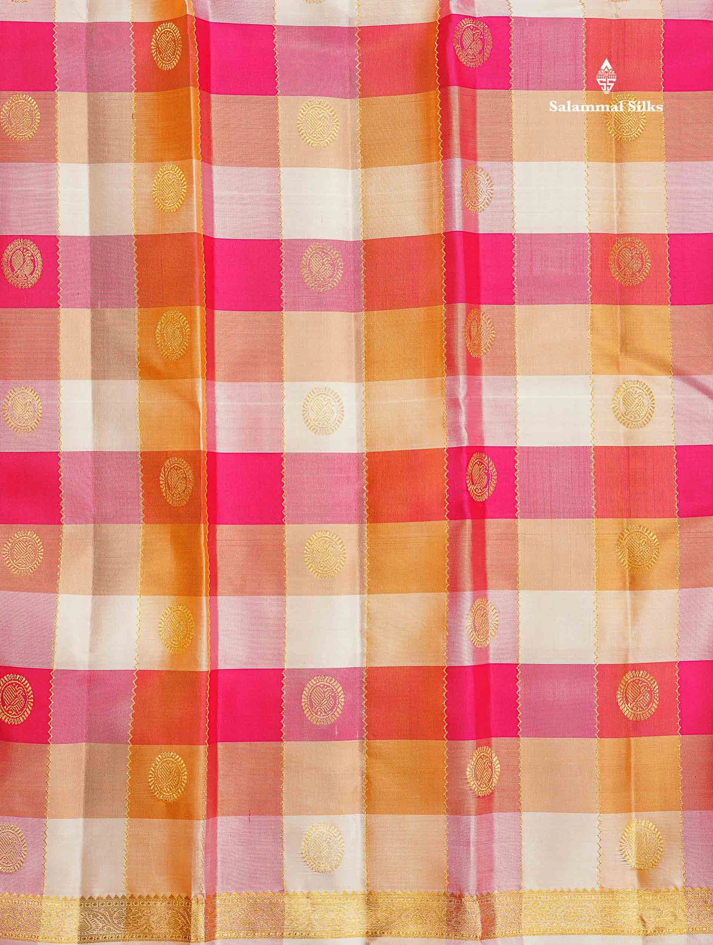 Pure Kanjivaram Silk Saree - Paalum Pazham Checks With Butta & Traditional Small Border