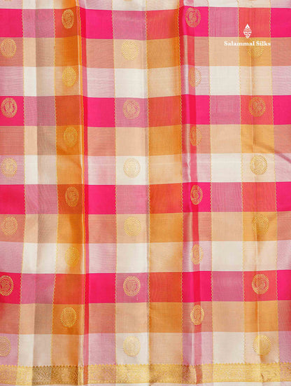 Pure Kanjivaram Silk Saree - Paalum Pazham Checks With Butta & Traditional Small Border