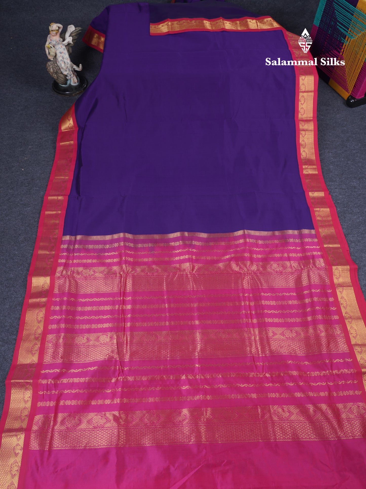 Violet Plain 9.5 Yards Semi Silk Cotton Saree With Contrast Pink Traditional Border