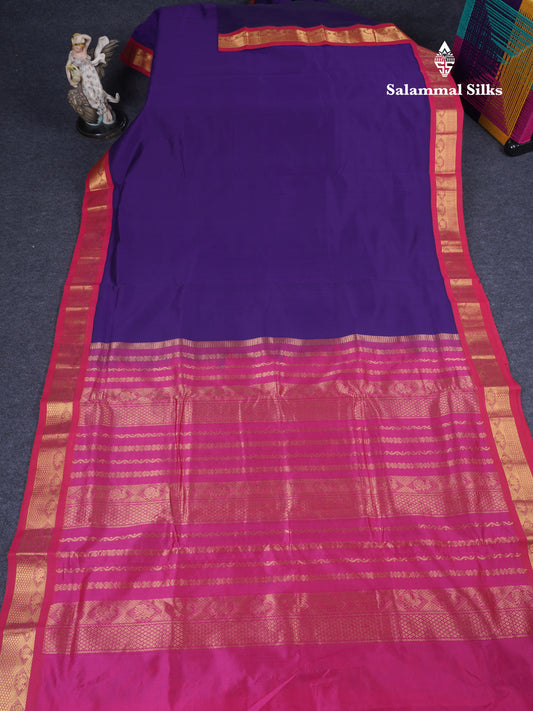 Violet Plain 9.5 Yards Semi Silk Cotton Saree With Contrast Pink Traditional Border