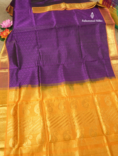 Beautiful Violet Emboss Design Pure Silk Cotton Saree With Gold Zari Border