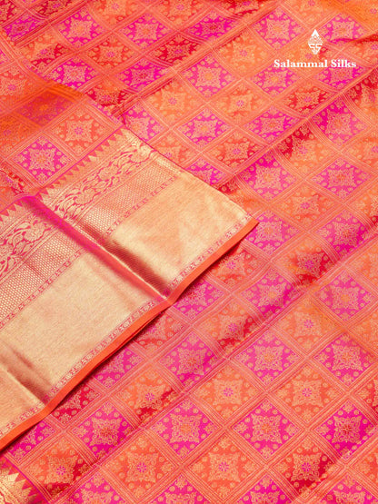 Beautiful Dual Tone Orange Bridal Pure Kanjivaram Silk Saree With Traditional Evening Morning Border
