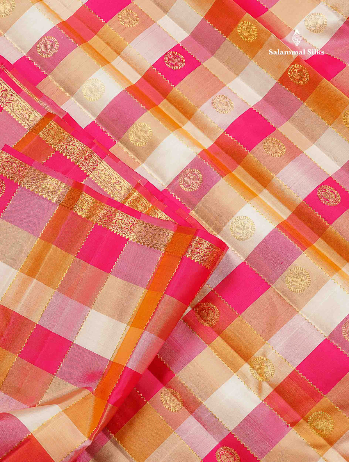Pure Kanjivaram Silk Saree - Paalum Pazham Checks With Butta & Traditional Small Border