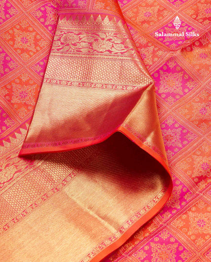 Beautiful Dual Tone Orange Bridal Pure Kanjivaram Silk Saree With Traditional Evening Morning Border