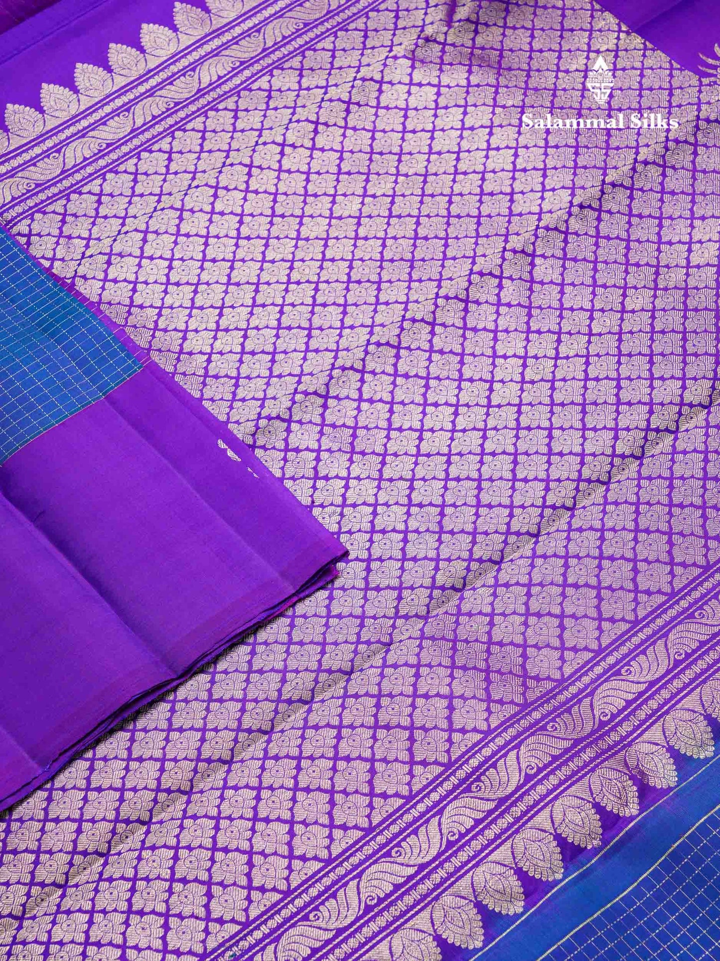 Beautiful Dual Tone Peacock Blue Small Zari Checks Pure Kanjivaram Silk Saree With Contrast Purple Fancy Border